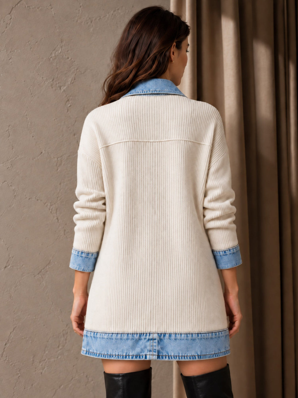 Elegant women's rib-knit coat with denim panels