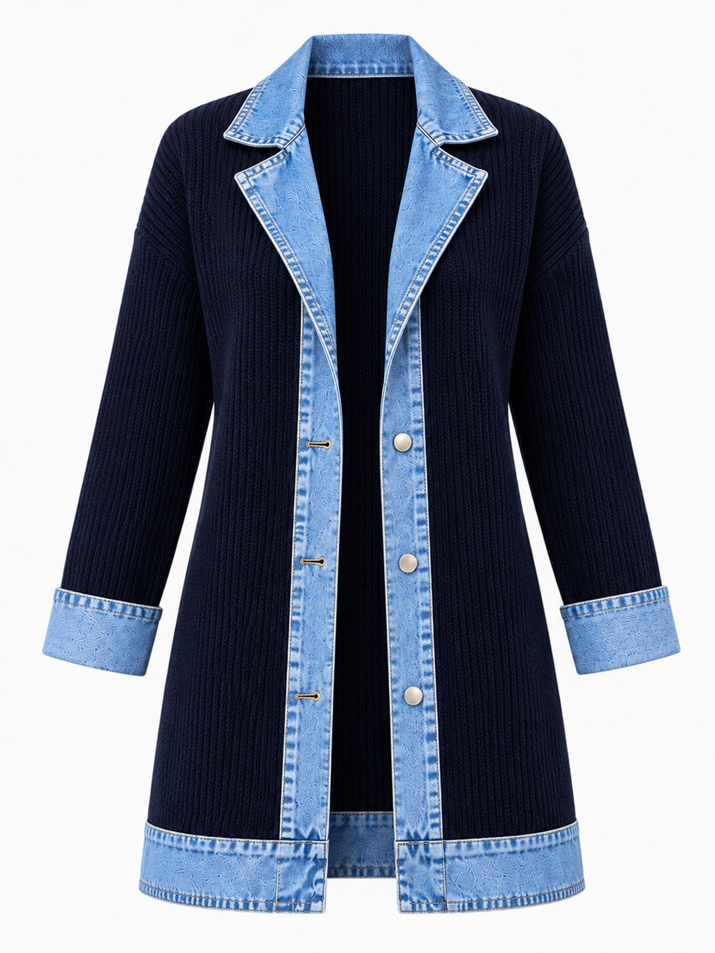 Elegant women's rib-knit coat with denim panels
