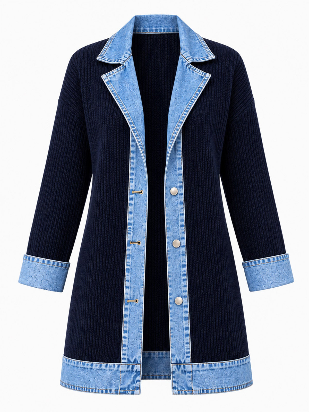 Elegant women's rib-knit coat with denim panels