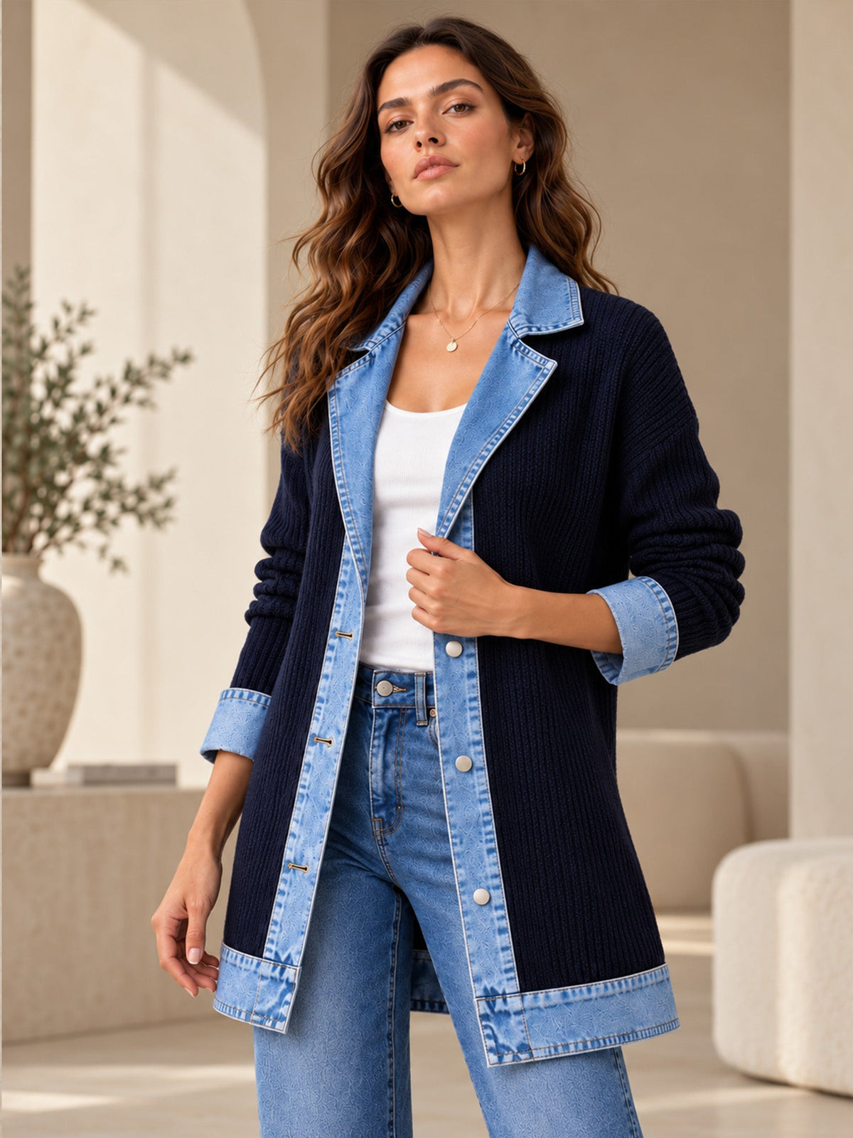 Elegant women's rib-knit coat with denim panels