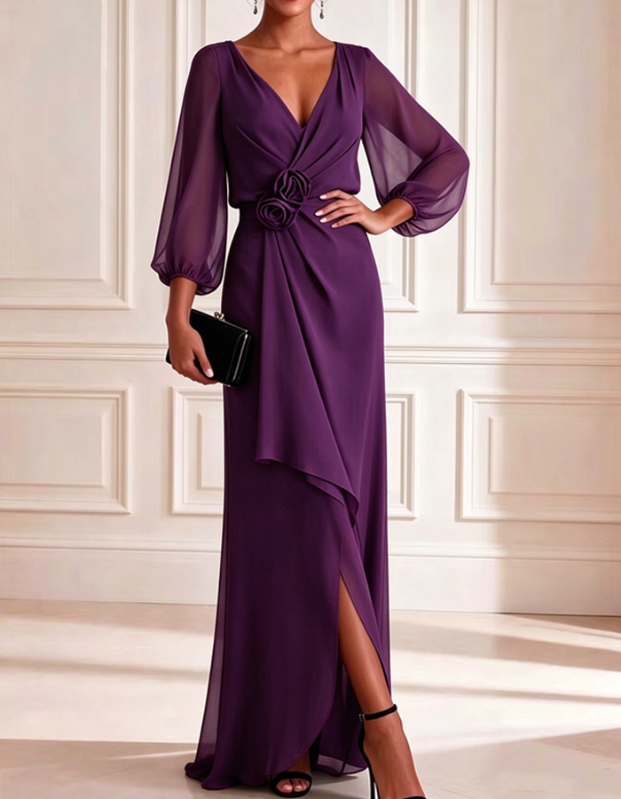 Chiffon V-Neck Puff Sleeve Maxi Dress