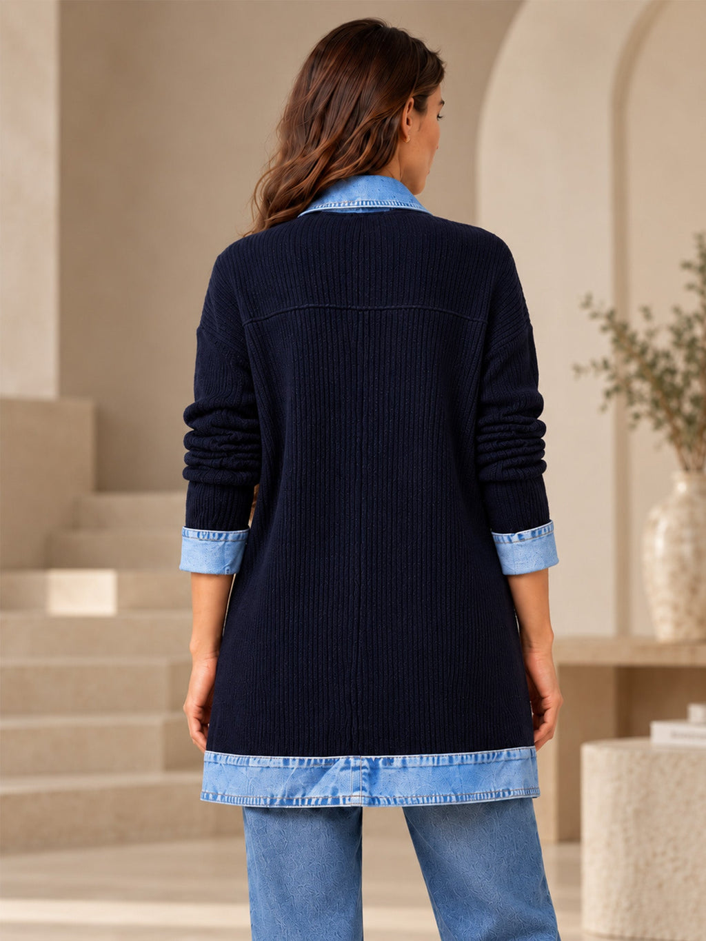 Elegant women's rib-knit coat with denim panels