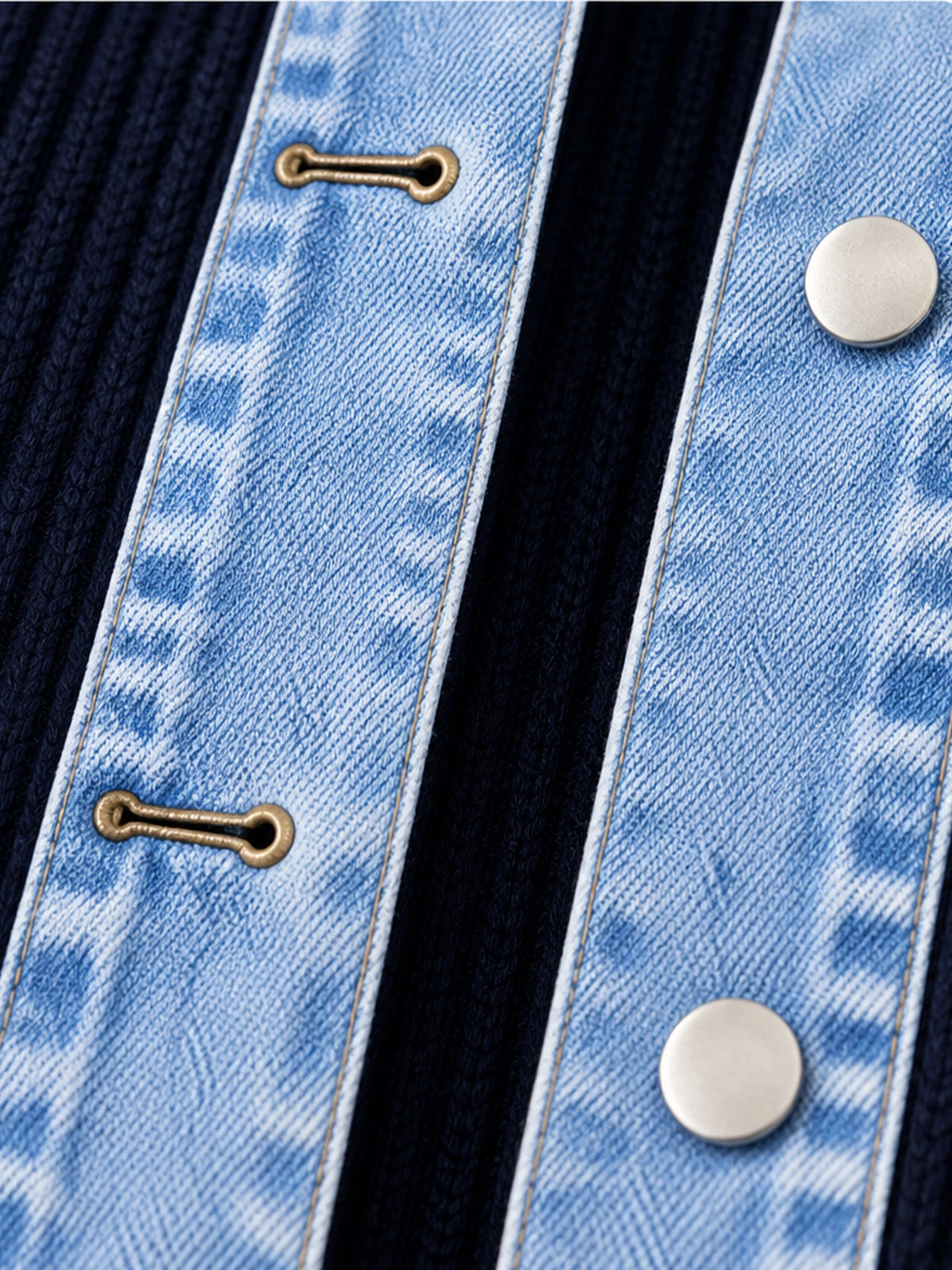 Elegant women's rib-knit coat with denim panels