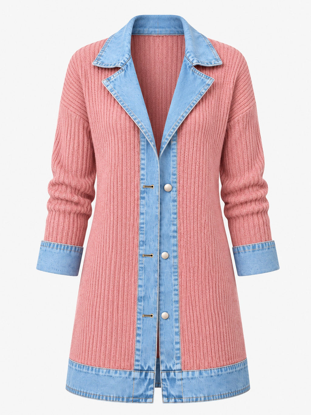 Elegant women's rib-knit coat with denim panels