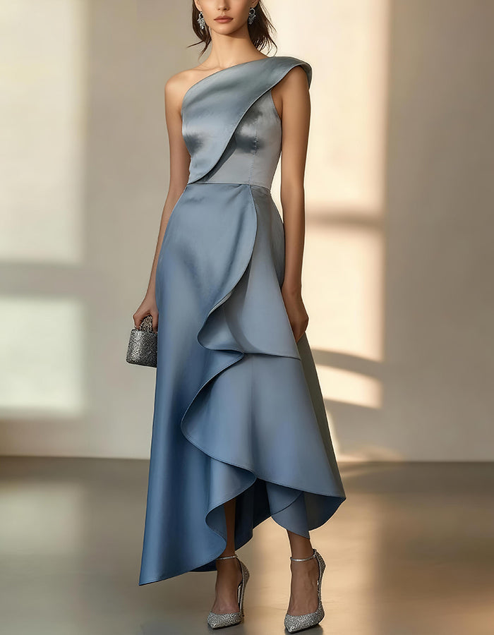 Elegant Satin One-Shoulder Gown with Asymmetric Ruffle