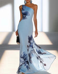 Satin Ink-Wash Floral Off-Shoulder Fishtail Maxi Dress