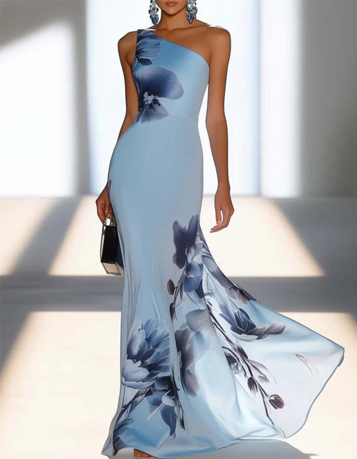 Satin Ink-Wash Floral Off-Shoulder Fishtail Maxi Dress