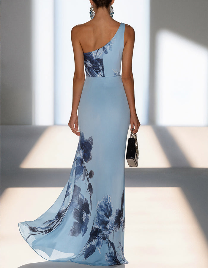 Satin Ink-Wash Floral Off-Shoulder Fishtail Maxi Dress