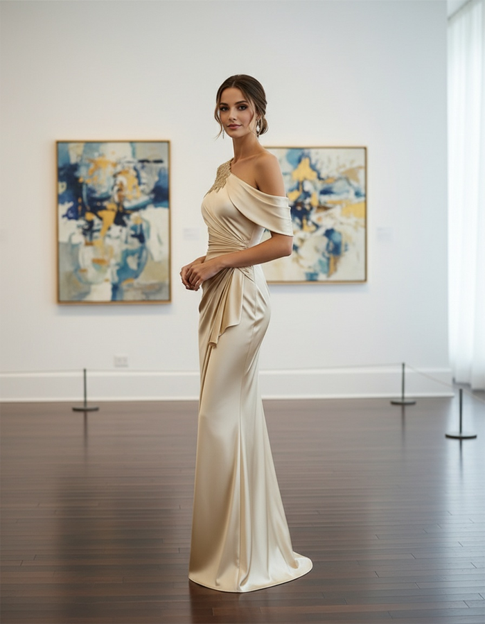 One-Shoulder Lace Satin Maxi Dress