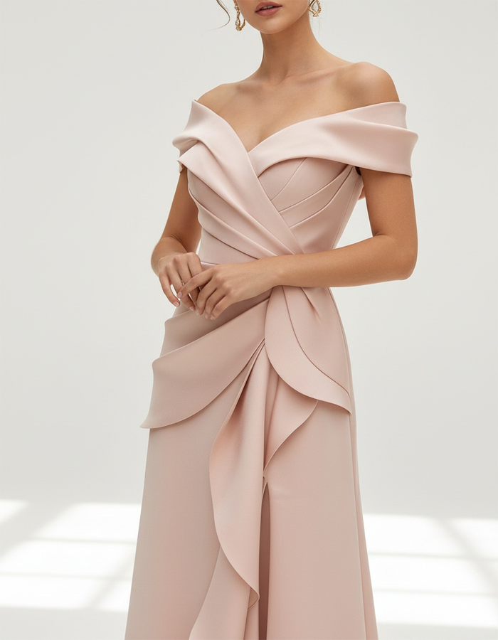 Off-the-Shoulder Pleated Satin Maxi Dress