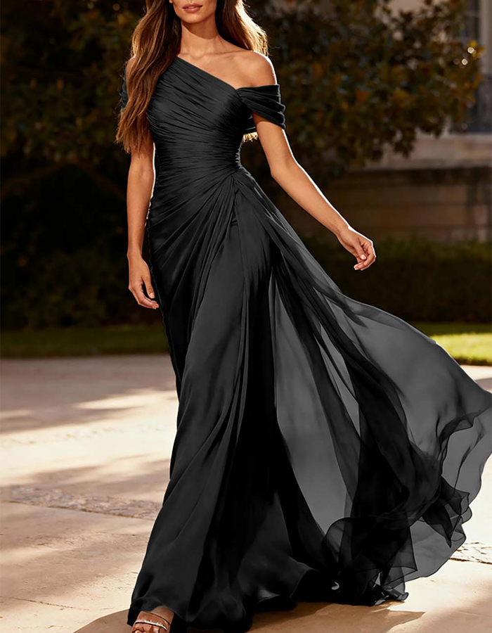 Asymmetrical Pleated Chiffon One-Shoulder Maxi Dress