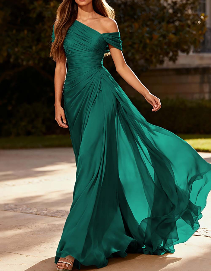 Asymmetrical Pleated Chiffon One-Shoulder Maxi Dress