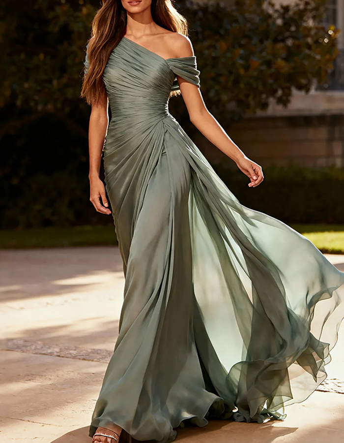 Asymmetrical Pleated Chiffon One-Shoulder Maxi Dress