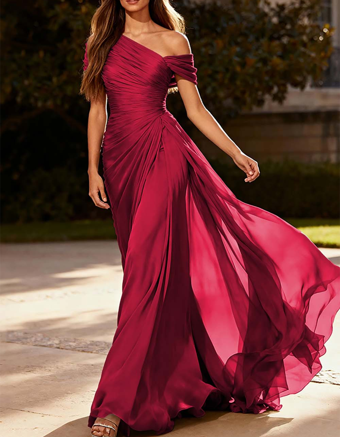 Asymmetrical Pleated Chiffon One-Shoulder Maxi Dress