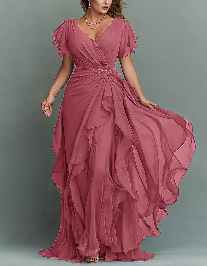 V-Neck Chiffon Maxi Dress with Beaded Waist