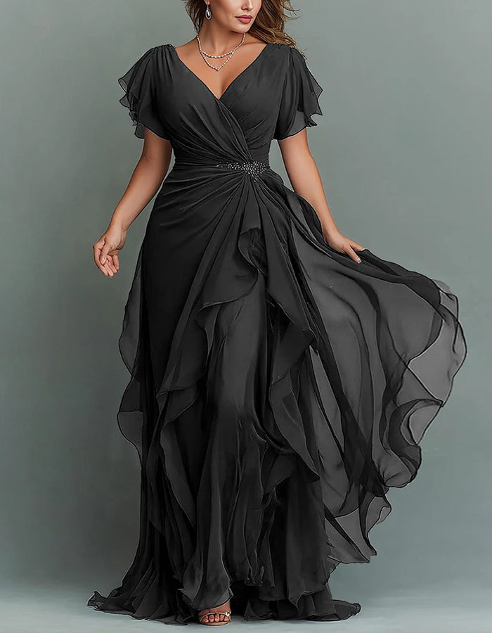 V-Neck Chiffon Maxi Dress with Beaded Waist