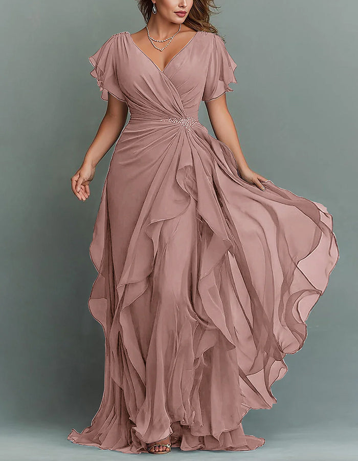 V-Neck Chiffon Maxi Dress with Beaded Waist