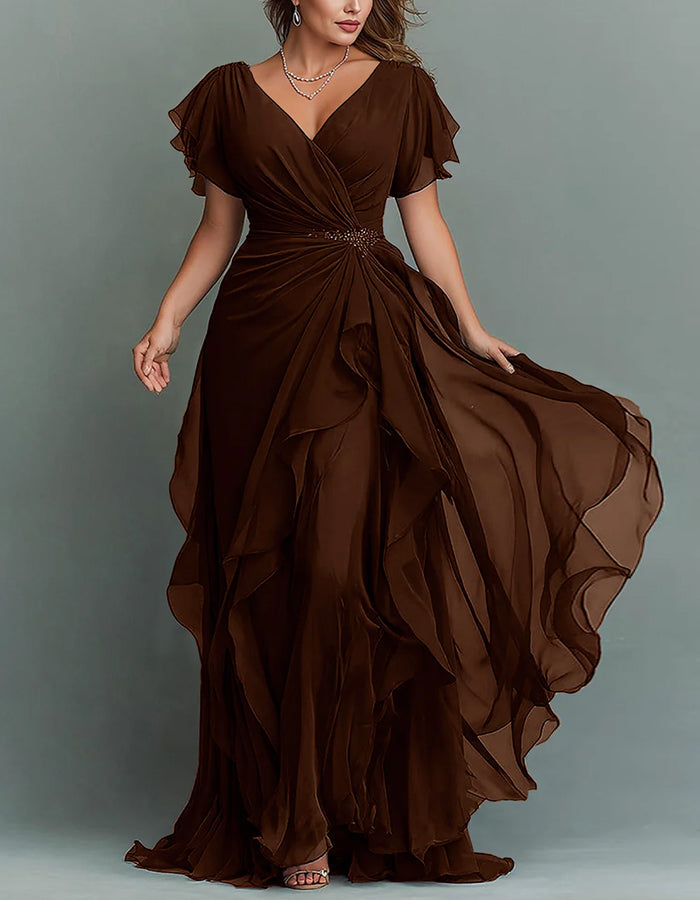 V-Neck Chiffon Maxi Dress with Beaded Waist