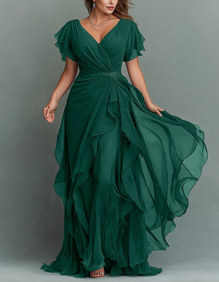 V-Neck Chiffon Maxi Dress with Beaded Waist