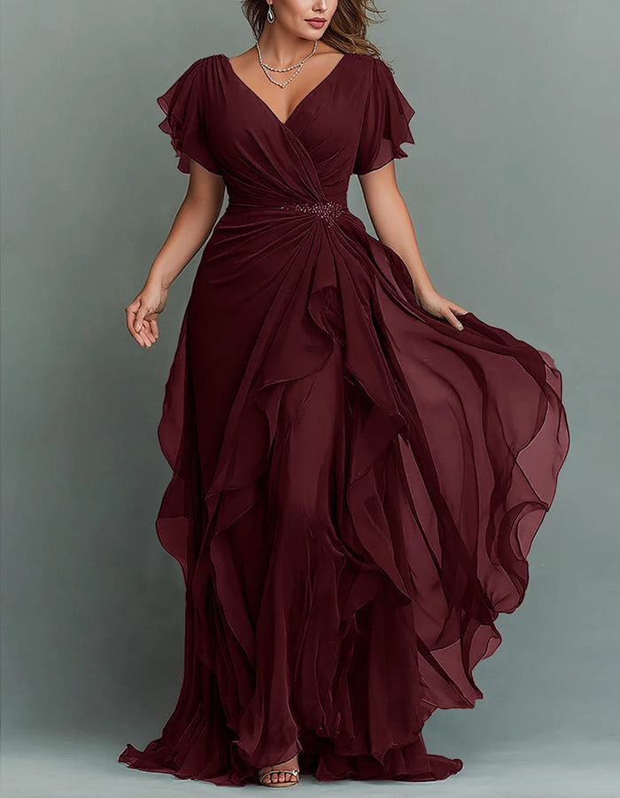 V-Neck Chiffon Maxi Dress with Beaded Waist