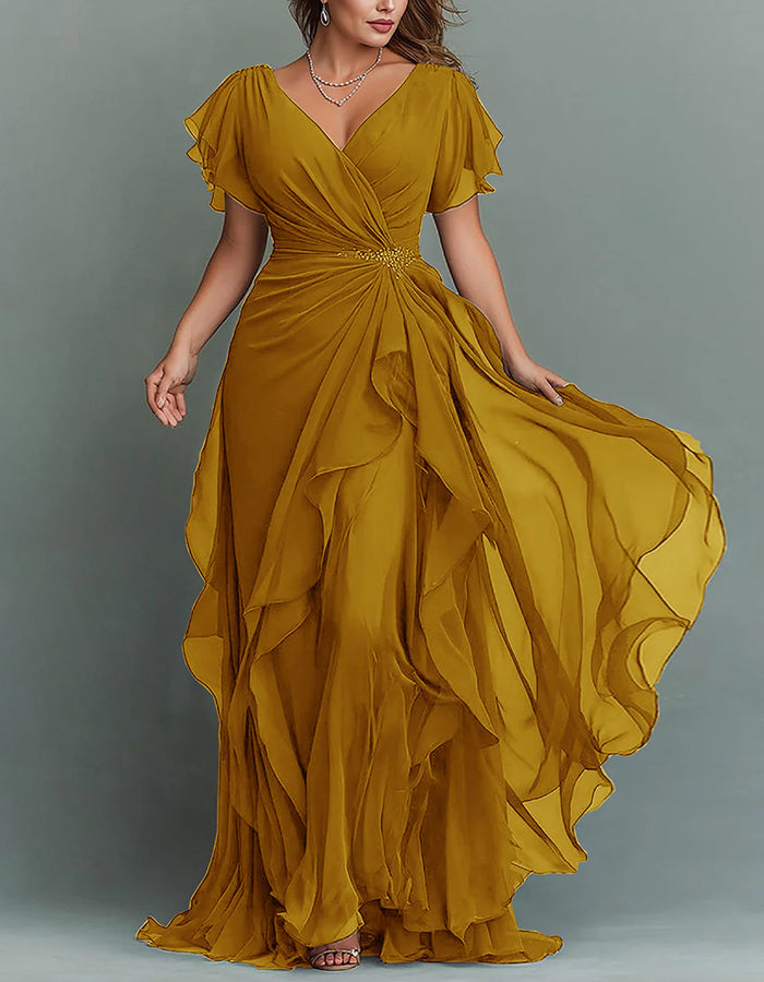 V-Neck Chiffon Maxi Dress with Beaded Waist