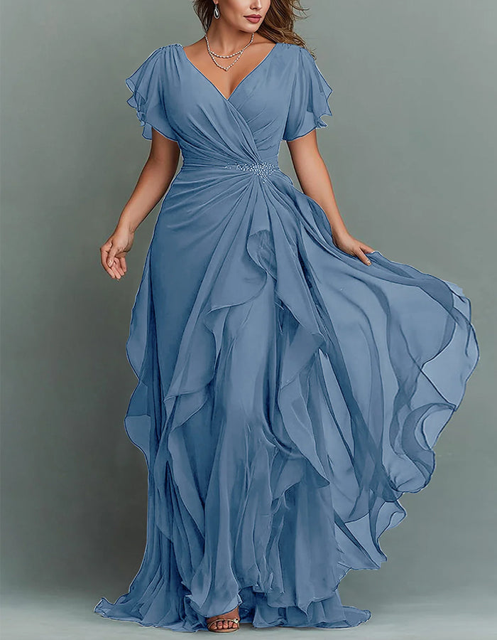 V-Neck Chiffon Maxi Dress with Beaded Waist