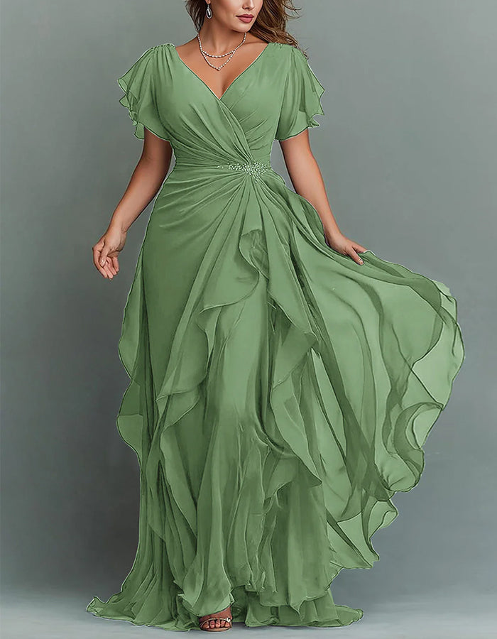 V-Neck Chiffon Maxi Dress with Beaded Waist