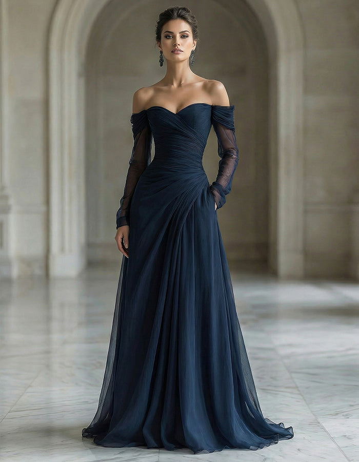 Navy Blue Chiffon Off-Shoulder Long Sleeve Maxi Dress