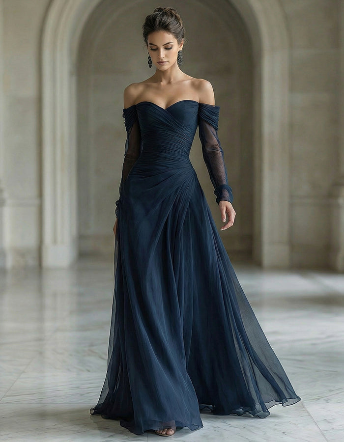 Navy Blue Chiffon Off-Shoulder Long Sleeve Maxi Dress