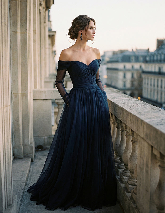 Navy Blue Chiffon Off-Shoulder Long Sleeve Maxi Dress