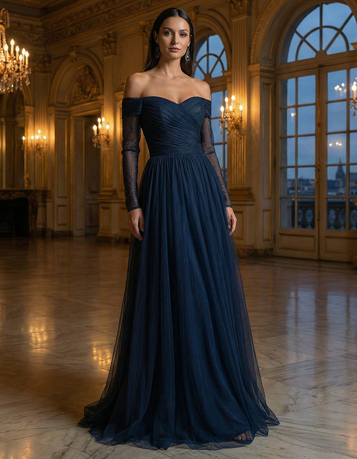 Navy Blue Chiffon Off-Shoulder Long Sleeve Maxi Dress