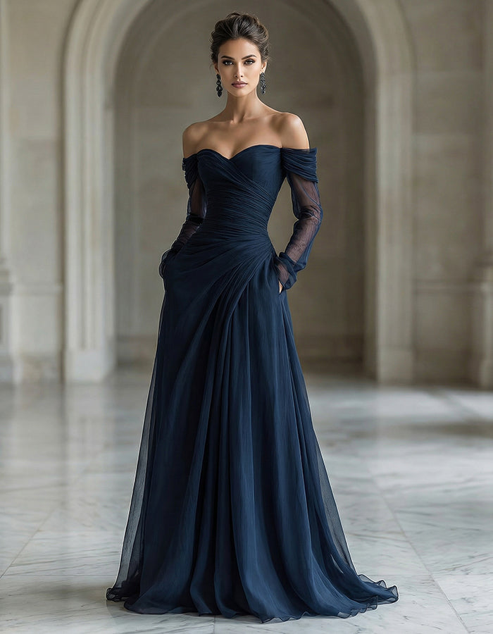 Navy Blue Chiffon Off-Shoulder Long Sleeve Maxi Dress