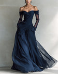Navy Blue Chiffon Off-Shoulder Long Sleeve Maxi Dress
