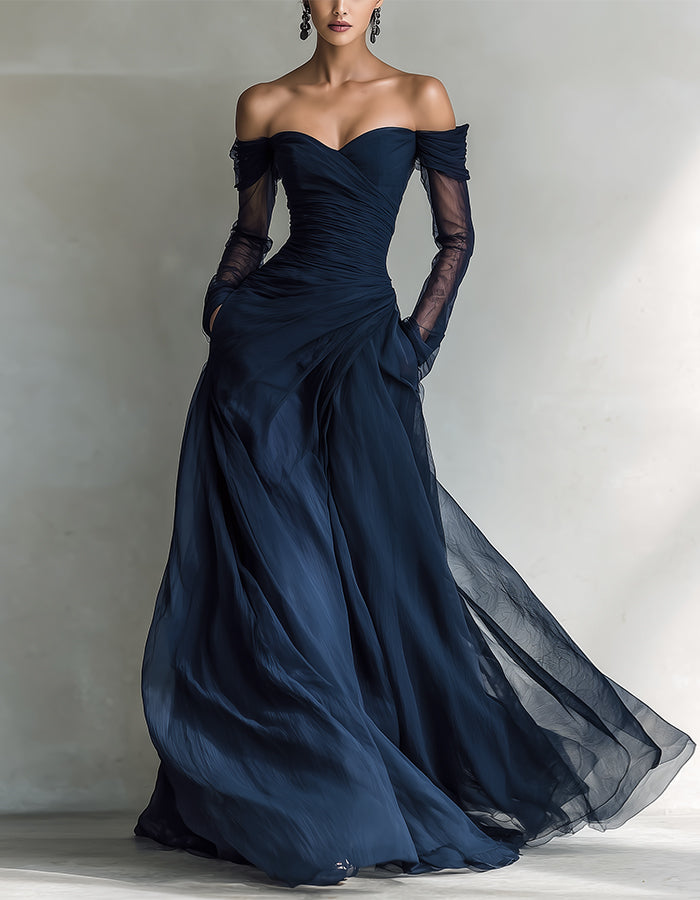 Navy Blue Chiffon Off-Shoulder Long Sleeve Maxi Dress