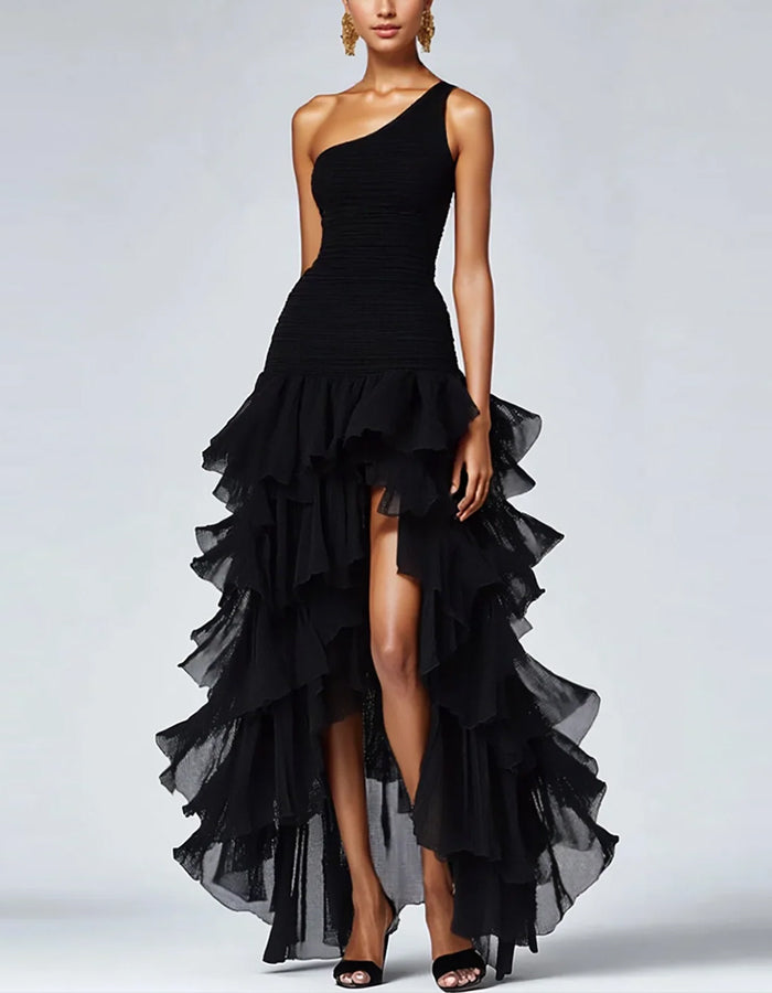 Solid Color One-Shoulder Ruffle Asymmetrical Maxi Dress