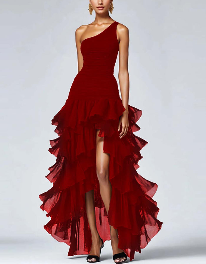 Solid Color One-Shoulder Ruffle Asymmetrical Maxi Dress