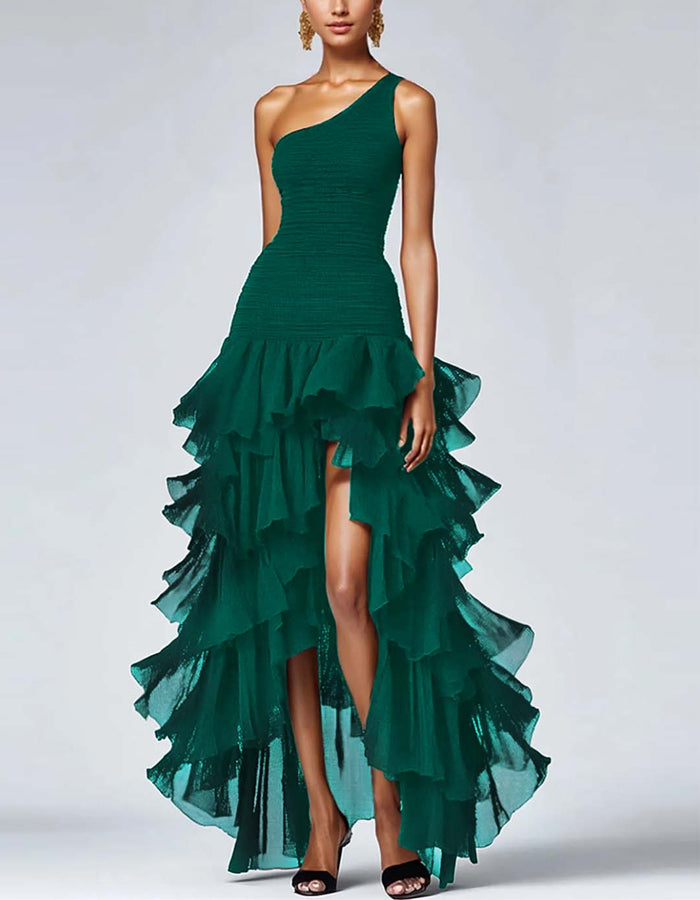 Solid Color One-Shoulder Ruffle Asymmetrical Maxi Dress