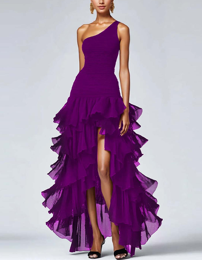 Solid Color One-Shoulder Ruffle Asymmetrical Maxi Dress