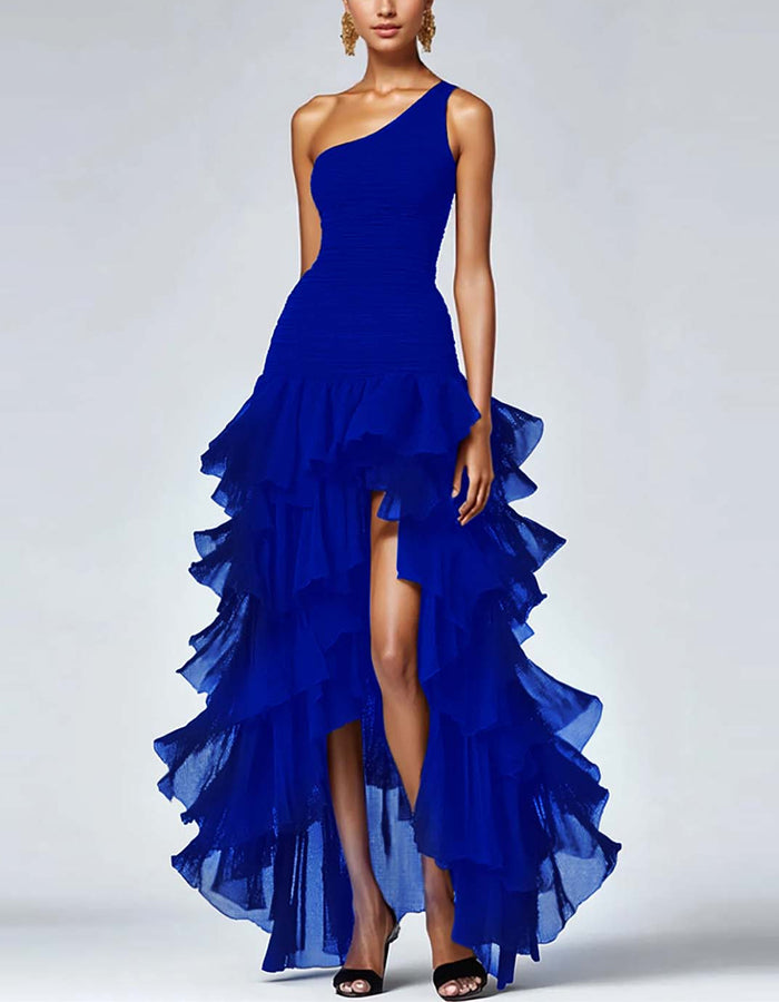 Solid Color One-Shoulder Ruffle Asymmetrical Maxi Dress