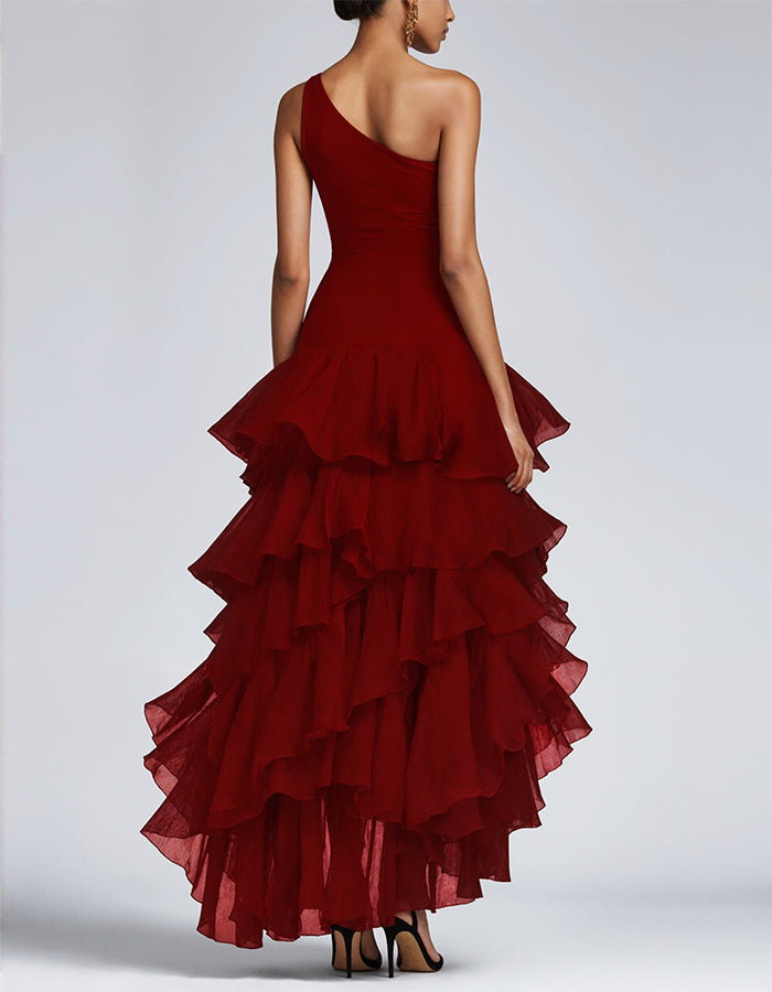 Solid Color One-Shoulder Ruffle Asymmetrical Maxi Dress