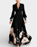 Solid Color Chiffon V-Neck Printed Long Sleeve Maxi Dress