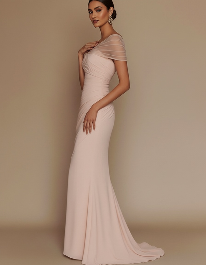 One-Shoulder Mesh Patched Pleated Mermaid Maxi Dress