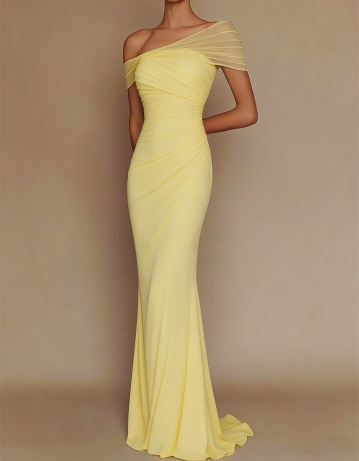 One-Shoulder Mesh Patched Pleated Mermaid Maxi Dress