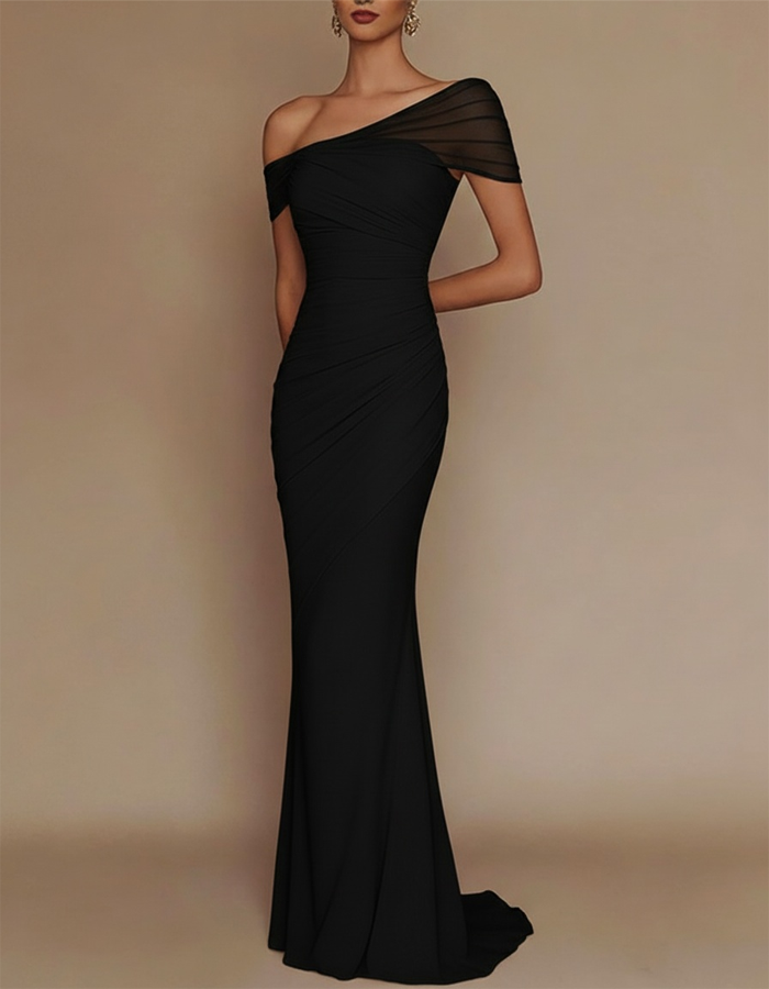 One-Shoulder Mesh Patched Pleated Mermaid Maxi Dress
