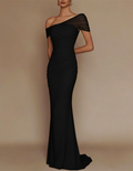 One-Shoulder Mesh Patched Pleated Mermaid Maxi Dress