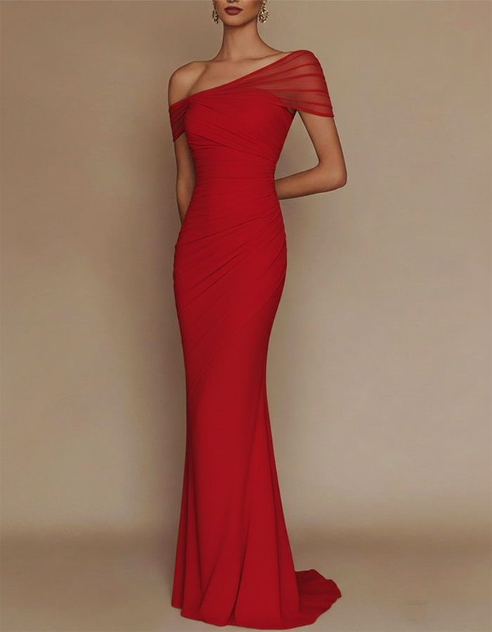 One-Shoulder Mesh Patched Pleated Mermaid Maxi Dress