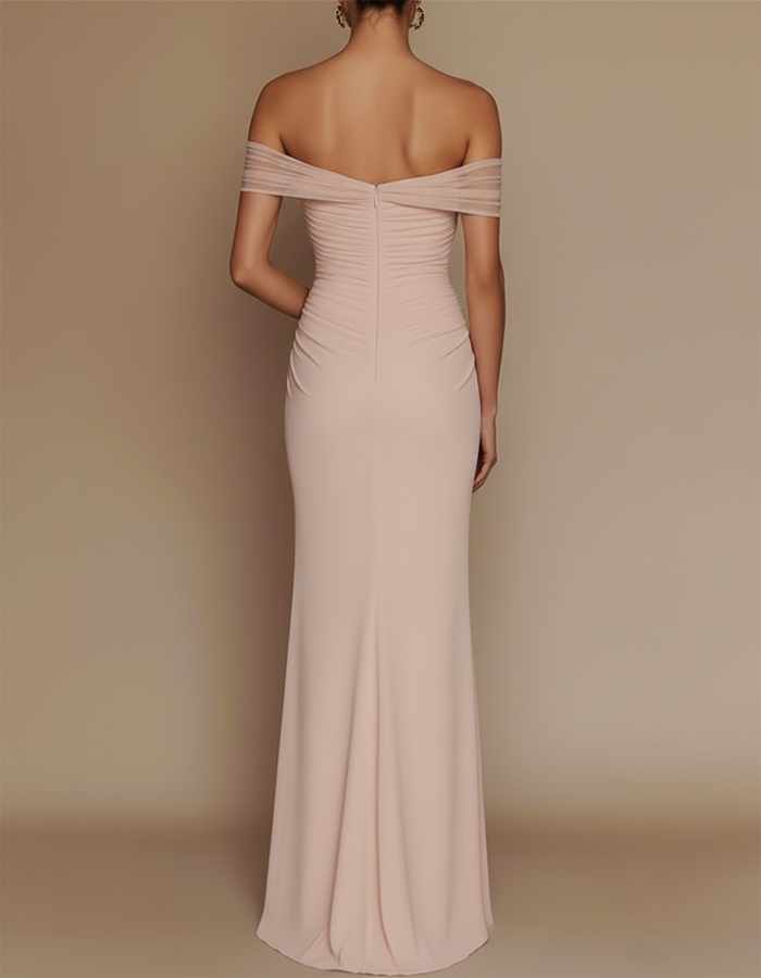 One-Shoulder Mesh Patched Pleated Mermaid Maxi Dress