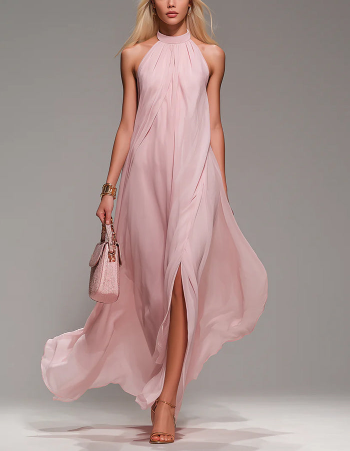 Halter Neck Chiffon Maxi Dress with Slits