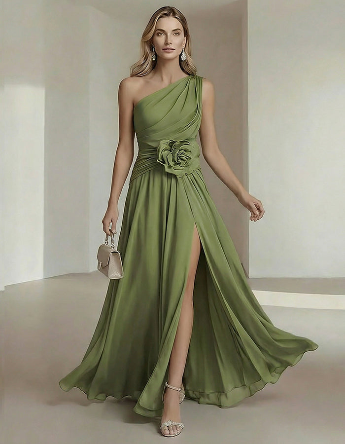 One-Shoulder Chiffon Maxi Dress with 3D Florals and High Slit