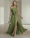 One-Shoulder Chiffon Maxi Dress with 3D Florals and High Slit